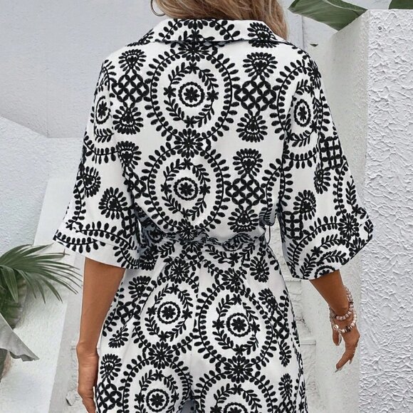 Black Boho Ladies' Printed Leisure Vacation Batwing Sleeve Belted Romper - Picture 3 of 5